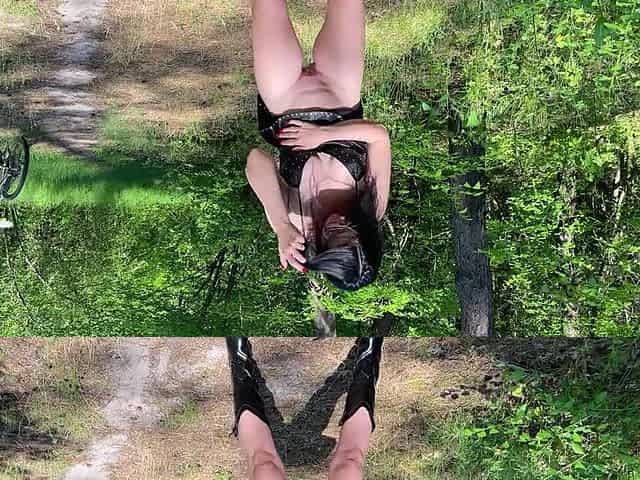 Biker beauty peeing in public