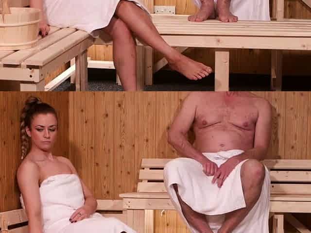 Naughty voyeur babe teasing guy in sauna