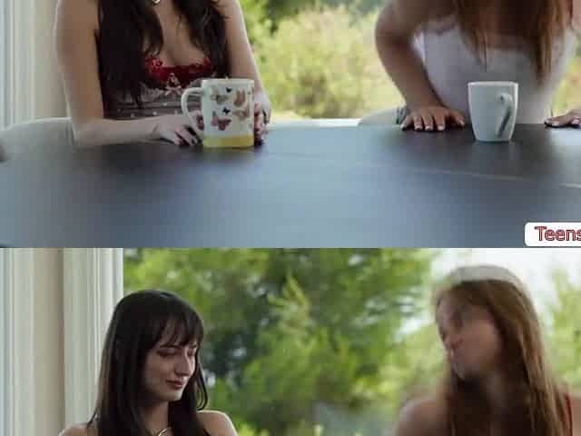 Lustful teen lesbos are on the couch wearing hot lingeries and begin giving a kiss every other
