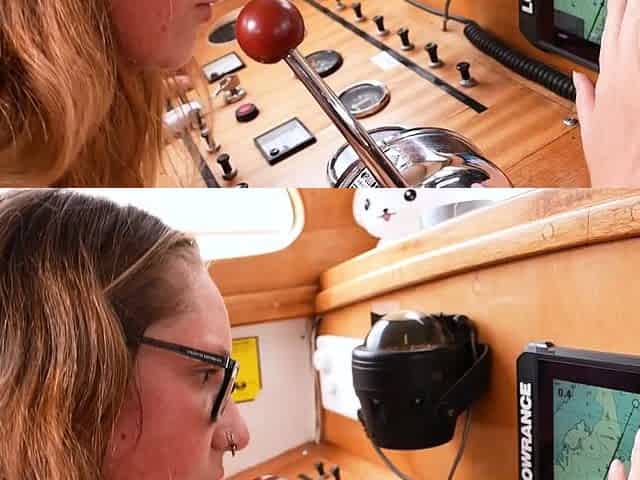Busty hairy gal with pierced nipples masturbates on yacht