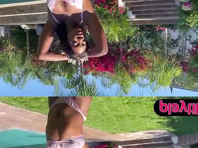 Tiny kinky black mother I'd like to fuck undresses nude and masturbates in the pool