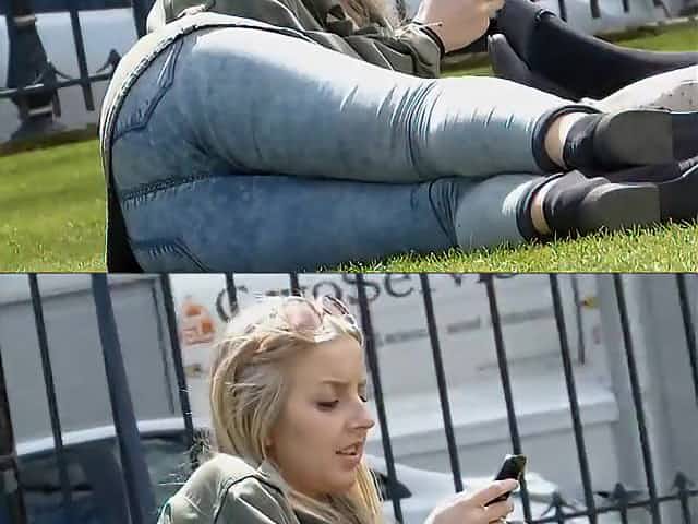 Sexy college girl in tight jeans