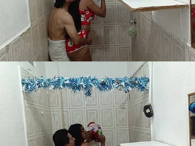 Old Man Has Sex with His Beautiful, Busty Maid in the Bathroom for Christmas