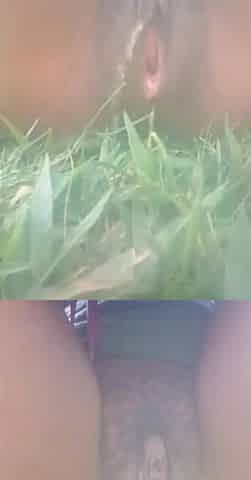 My slut masturbating and pee in the bush, she got fat pussy