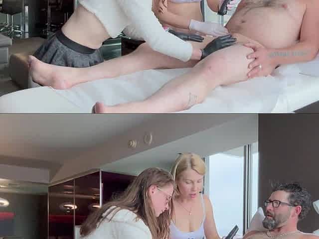Dirty hot stepdaughter in stockings and miniskirt rides my cock while waxing me
