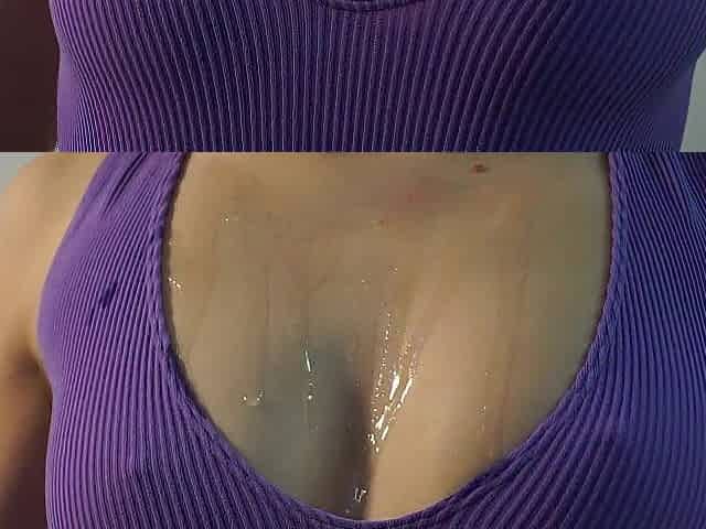See me play with oil in my one-piece swimsuit and getting creampied