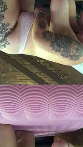 Busty curly brunette with big boobs fucks on couch