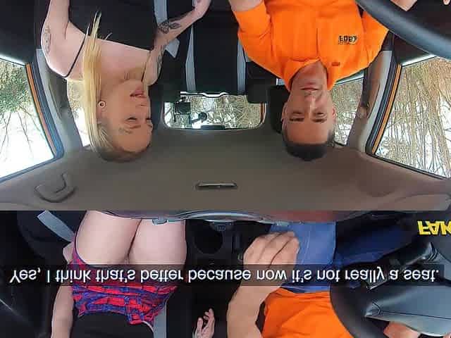 Fake Driving School Tattooed hottie rides a large penis in a public place