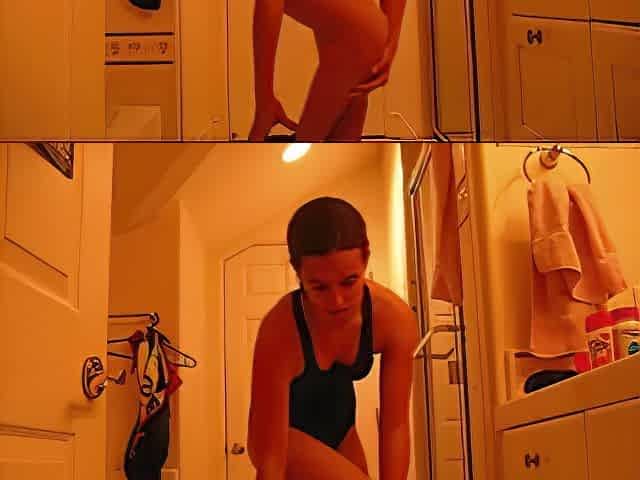 Youthful gal undressing in bathroom and exposing her slit