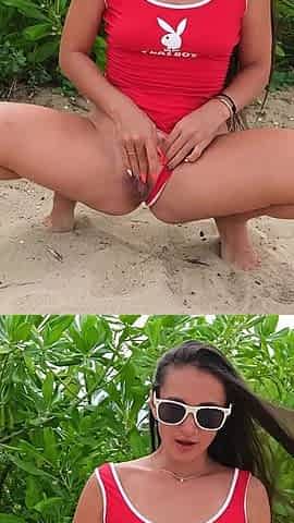 Huge Pissing in Sexy Playboy Bikini in Public