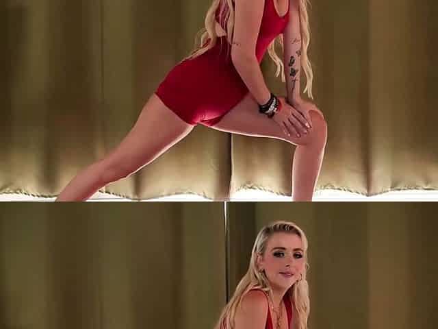 Kensie Snow stretches in yoga pants until orgasm shakes her