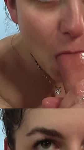 Sloppy Deepthroat Dripping Cum on Mature Blonde Tits