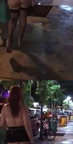Exhibitionist slut showing ass and pussy to men in public