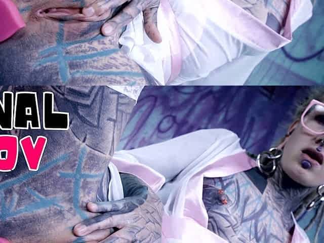 Tattood Girl with Glasses and Buttplug Fucks a Tattooed Dick, DP, Facial