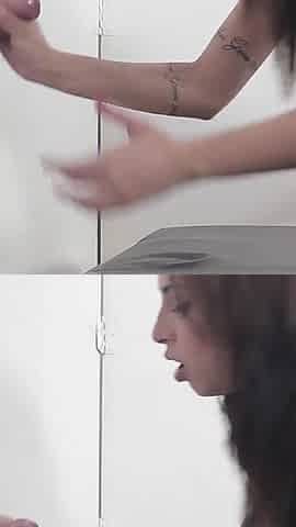Beautiful Brunette Blowjob and Fucking with Two Huge Cocks in the Gloryhole!