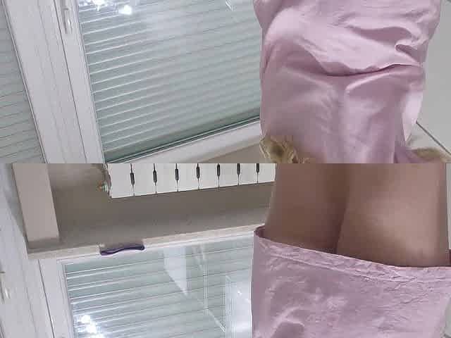 blonde gets sweaty and gets naked and shows her pussy at the end