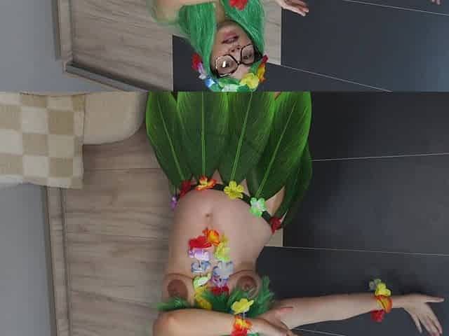 My Stepsister Performs Hawaiian Dance in a Green Hawaiian Cosplay Costume Then Masturbates and Shows What's Under