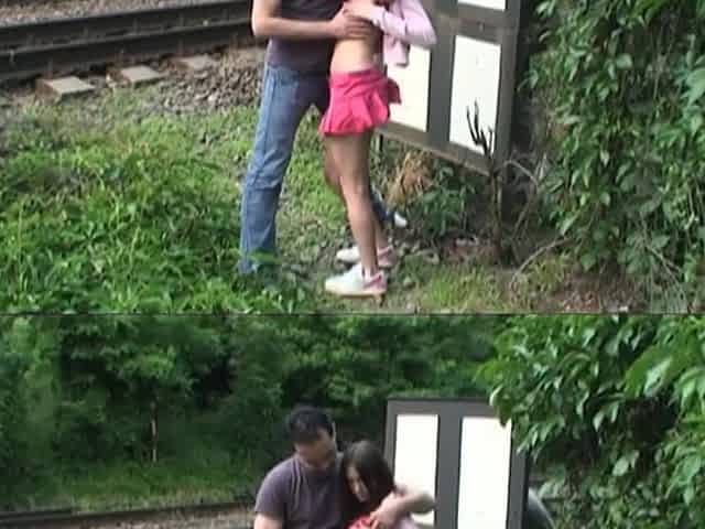Charming youthful brunette hair screwed by 2 old perverts in public
