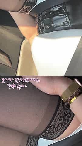 Latex Mini Dress in Car Sexy Stockings and "whore" Necklace