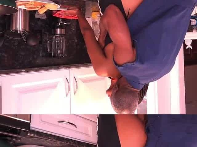 Hot black cooks in the kitchen enticing her step daddy