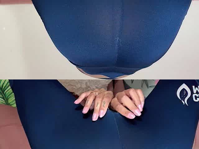 Leggings ripped, revealing her greedy, plugged-in booty.