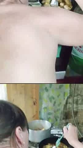 A married woman cheats on her husband while cooking
