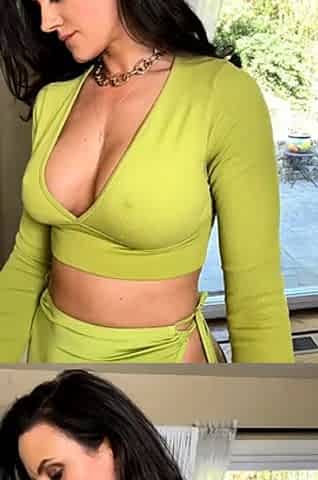 Busty curly brunette with big boobs fucks on couch