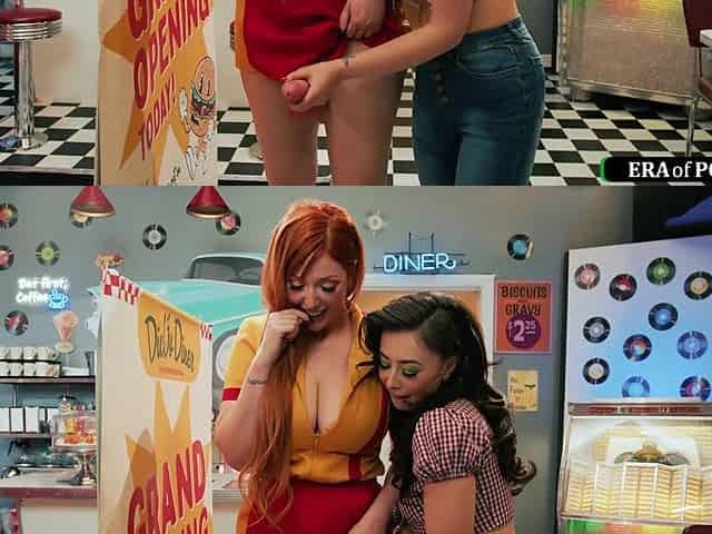 Busty big cock futa waitress fucked by big tit futanari babe