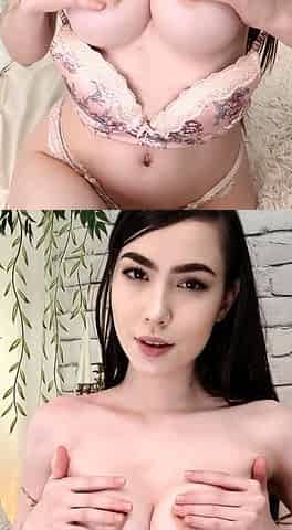 Busty curly brunette with big boobs fucks on couch