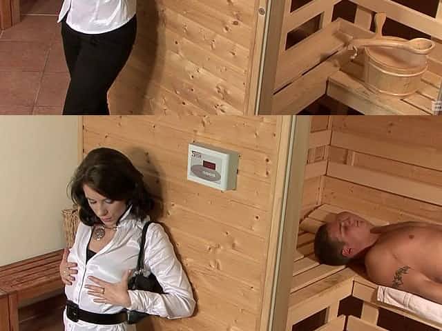 Magnetic babe lets the sauna guy enter her vaginal depths