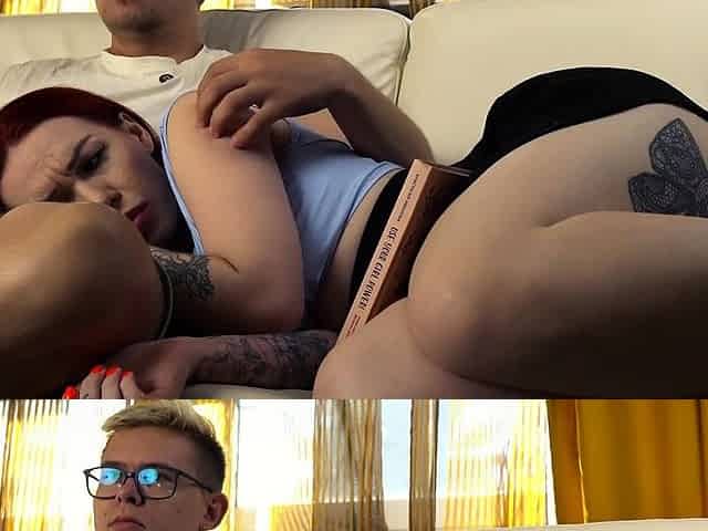 Curvy Stepmom Gets Mouth Fuck from Tattooed Milf on Couch.