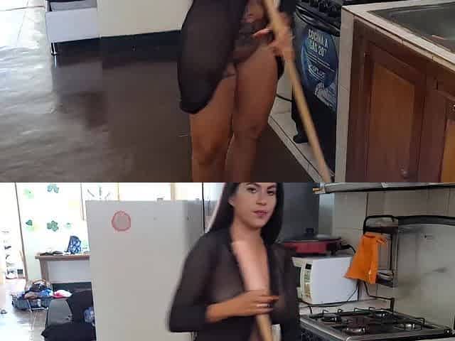 Mexican stepmother with a large butt masturbates in the kitchen