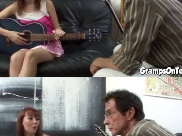 Horny teen bangs gramps after blow job action