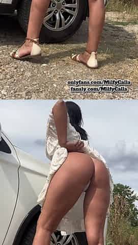 White Dress Tease by the Car Flirty Panty & Bra Reveal with an American MILF