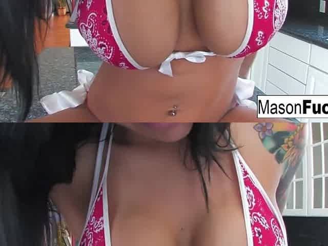 Mason gets dirrrty in her kitchen wearing a breathtaking red sexy bikini