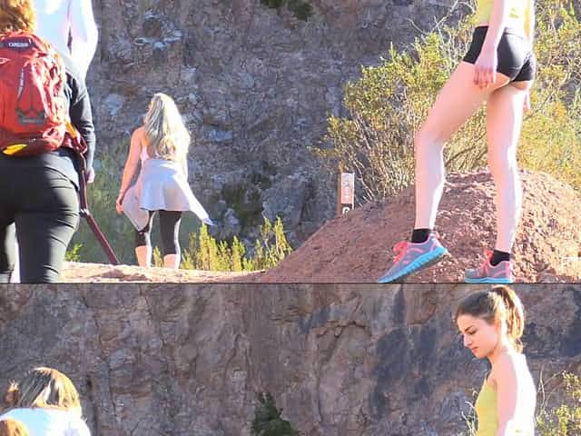Athletic chick on a hike flashes her tits and pussy