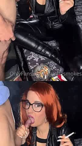 Smoking blowjob in leather