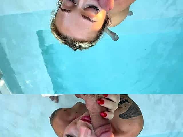 Slutty blonde sucks and fucks in the pool POV