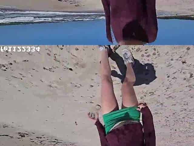 Playing with glamorous pink snatch on the beach