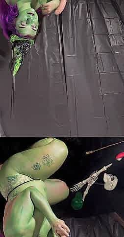 Large titty green witch stuffing her cauldron