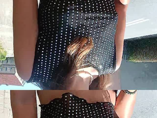 walking down the street in a watch-throughout blouse public flashing of melons and twat