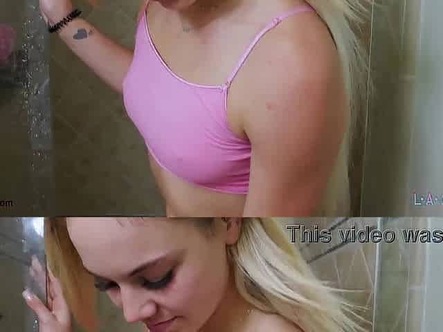 Gracious golden-haired model enjoys a carnal bathroom