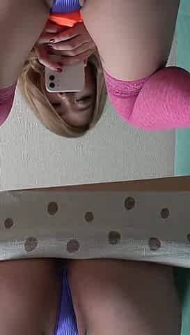 View From Under the Desk, Chubby Busty Japanese Girl Wearing Mini Tank Top, Micro Mini Skirt, Thong Panties and Knee High Socks