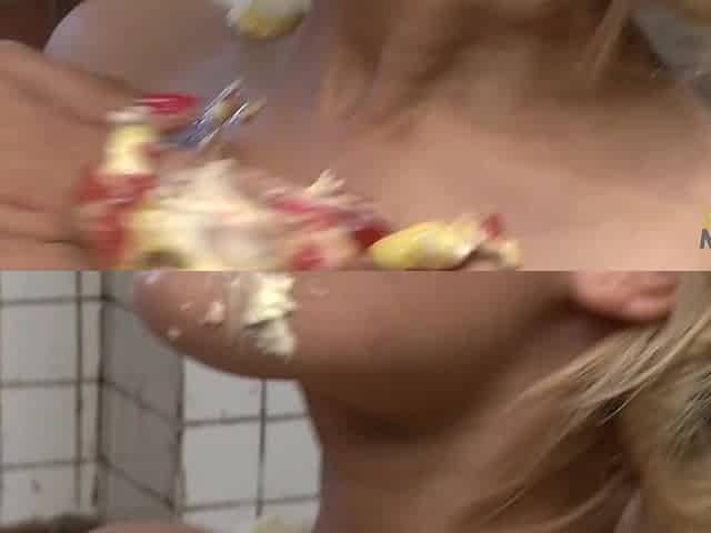 Kinky blond gal gets her hawt body overspread in food