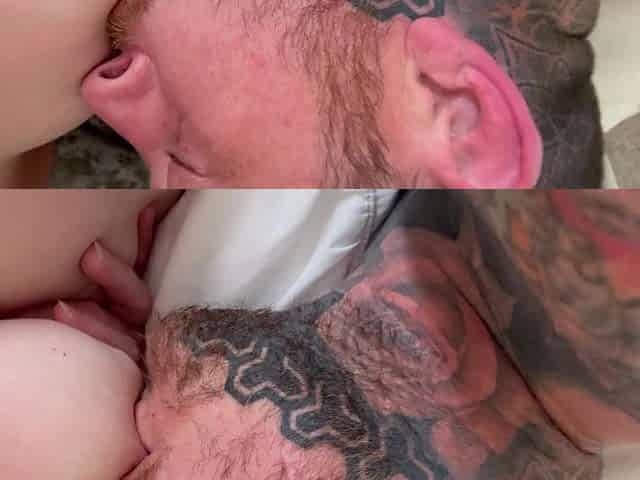 Daddy latched on, breastfeeding from his boobs ????