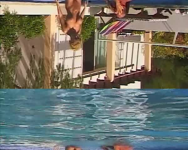 Vintage pair banging at poolside with large natural breasts