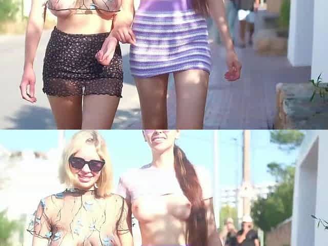 Teen lesbians like to show off their big breasts in public