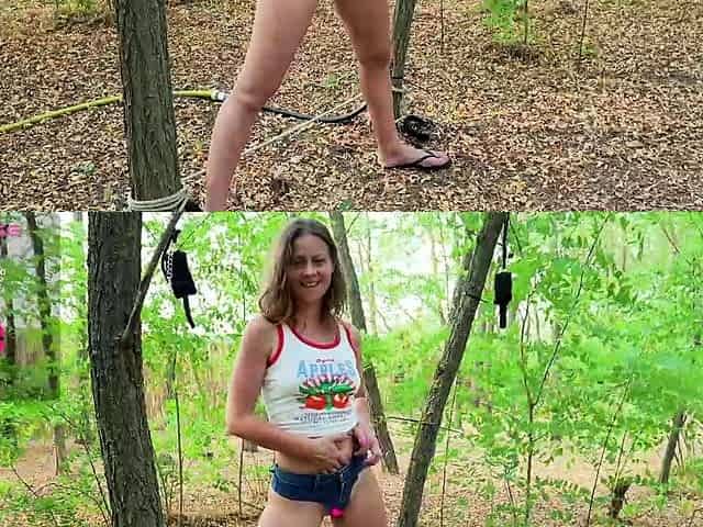 Outdoor pussy masturbation with teenage naked brunette