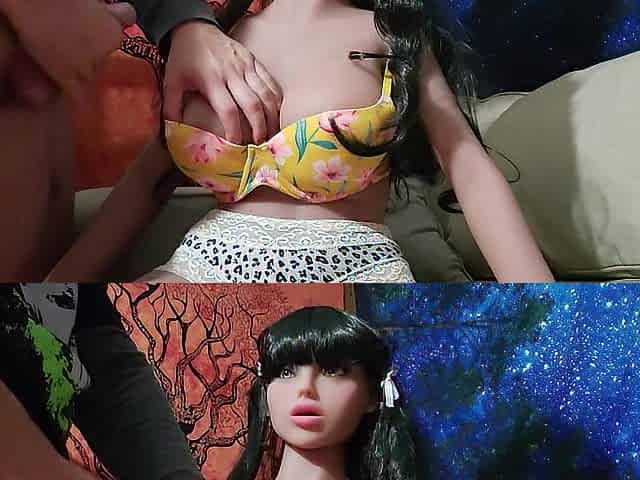 Sexdoll cum on bazookas in cute brassiere and pants