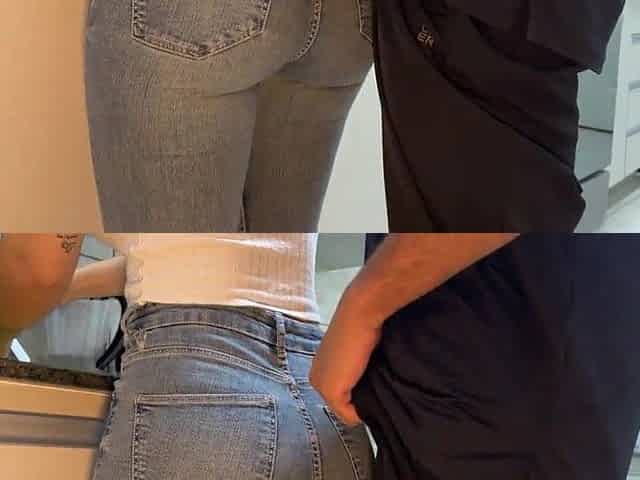 Maid large butt using jeans whilst cleans the kitchen